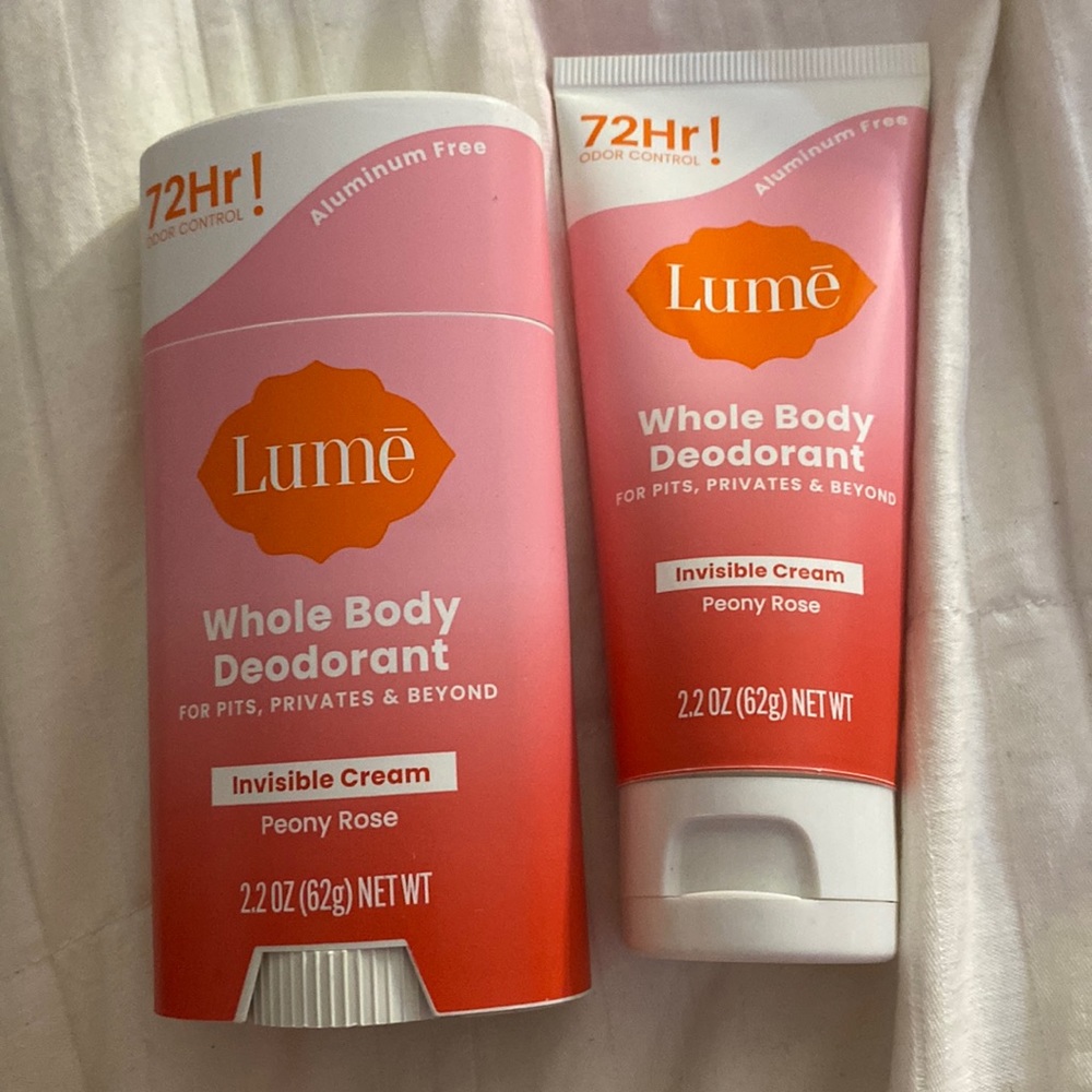 Lume whole body deodorant, Peony rose/invisible cream, 2.2 ounces each.It works